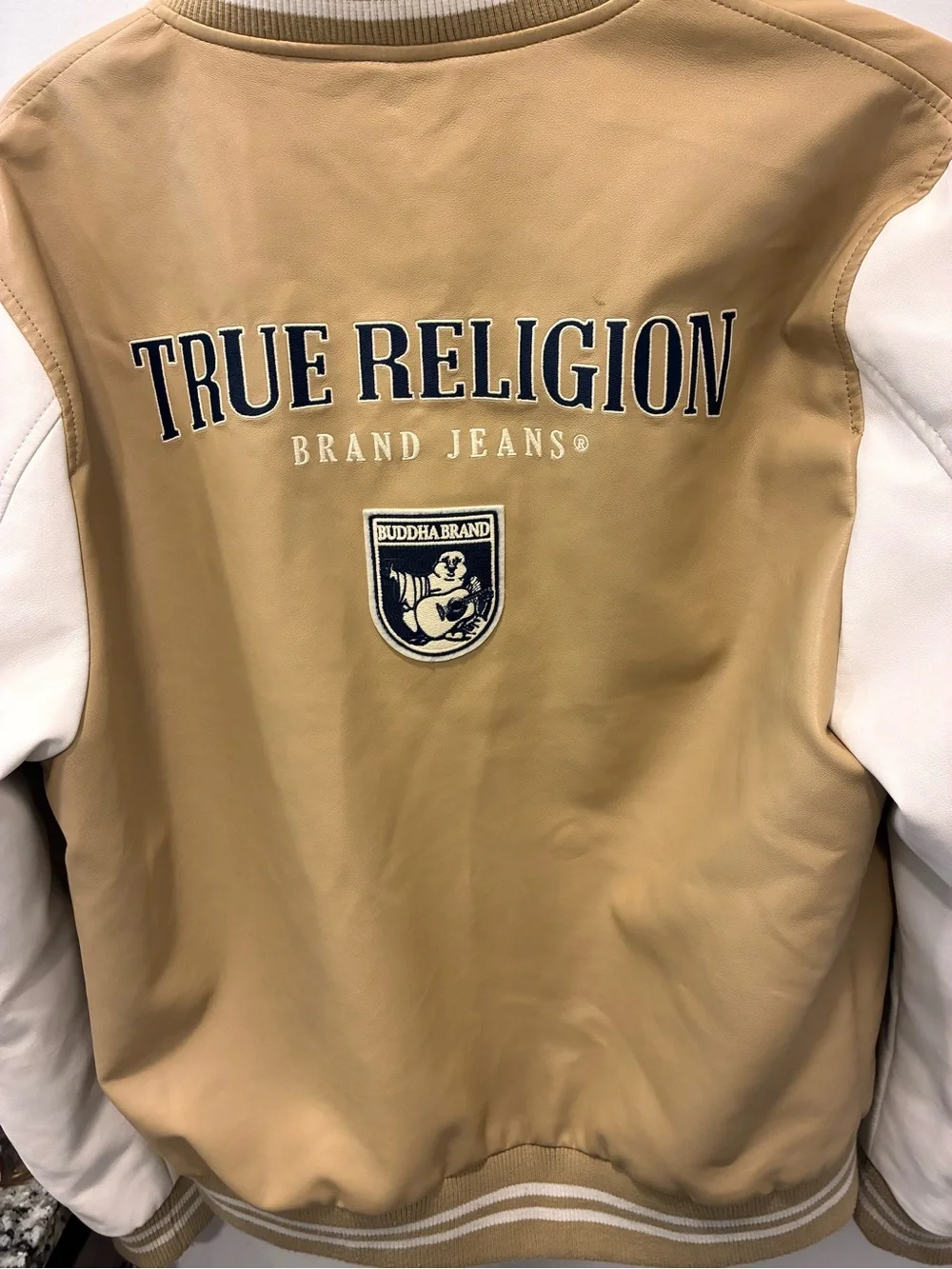 True Religion Tan and White Varsity Bomber Jacket